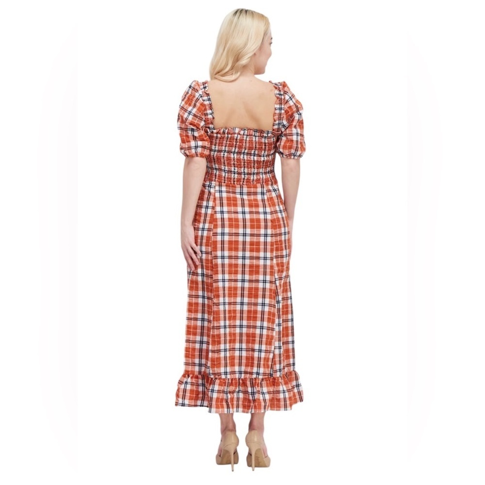 Fall Plaid Dress Smocked Bohemian Maxi Dress Orange Navy Combo Size M - Picture 8 of 11